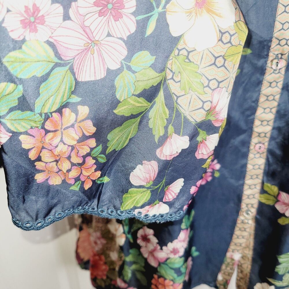 Johnny Was Navy Hot Pink Floral SILK Kimono Blouse - Picture 4 of 13